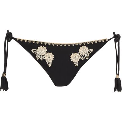 Black floral embroidery string bikini bottoms